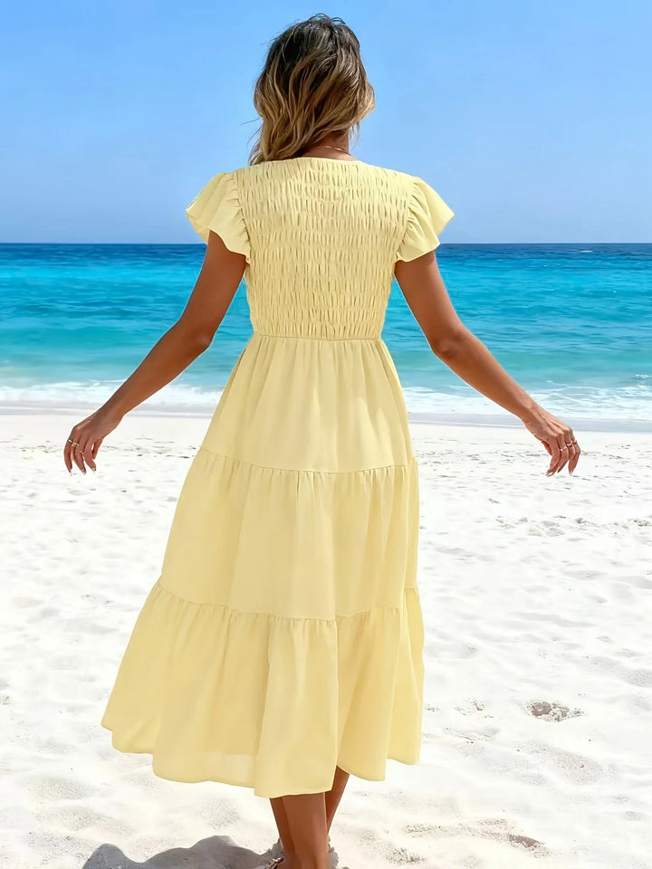Yellow Women's Yellow Dress — Adeline Smocked Ruffle Sleeve - Back Detail
