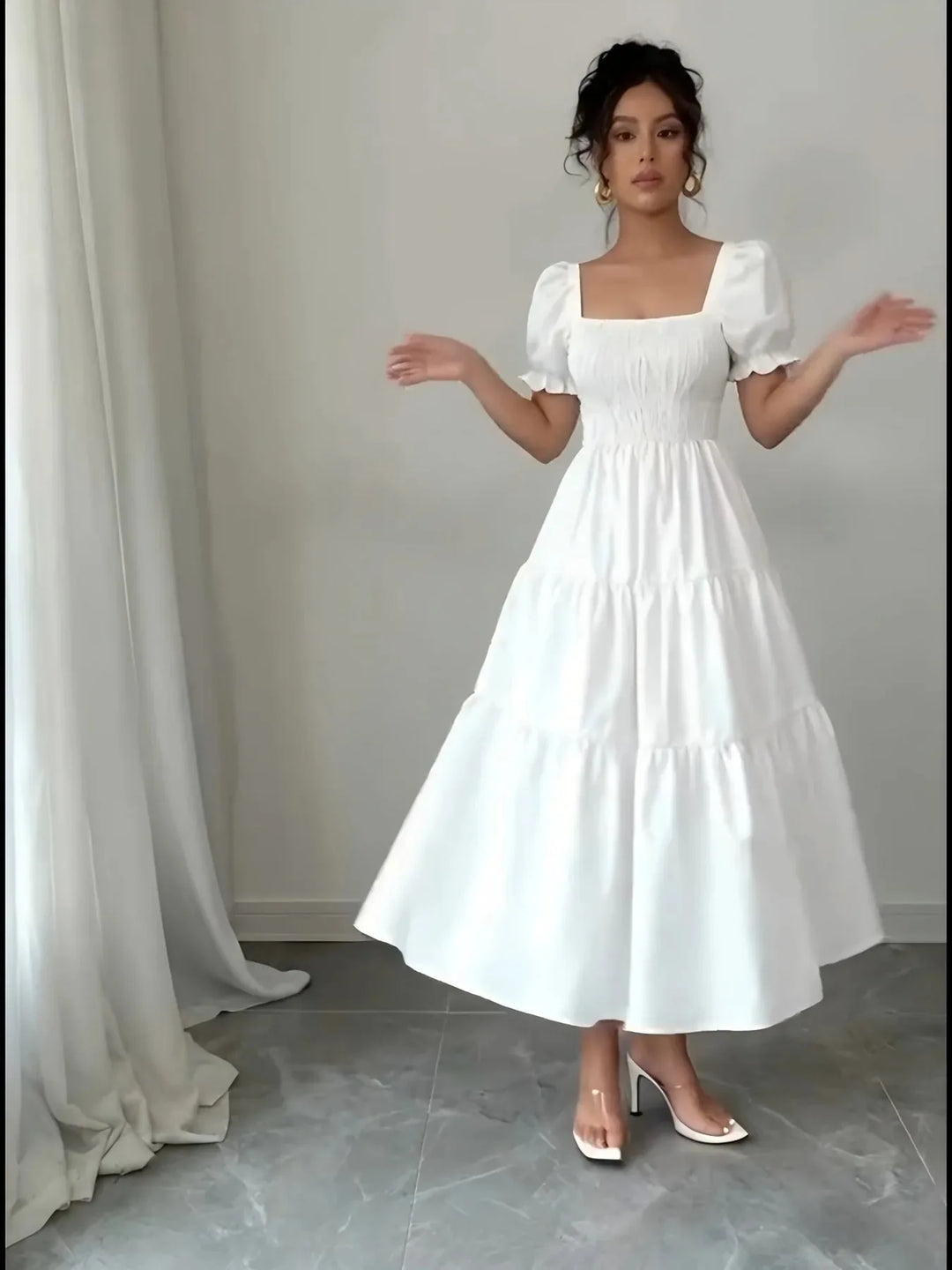 Rebecca | Smocked Square Neck Puff Sleeve White Midi Dress