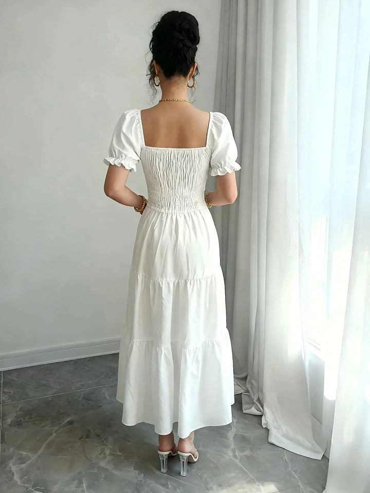 Rebecca | Smocked Square Neck Puff Sleeve White Midi Dress