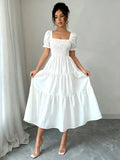 Rebecca | Smocked Square Neck Puff Sleeve White Midi Dress