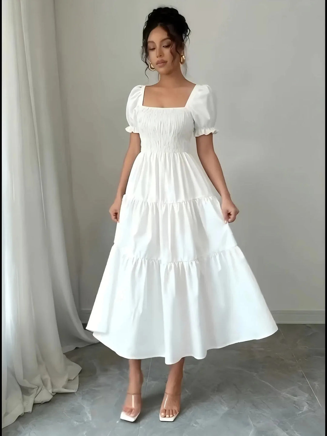 Rebecca | Smocked Square Neck Puff Sleeve White Midi Dress