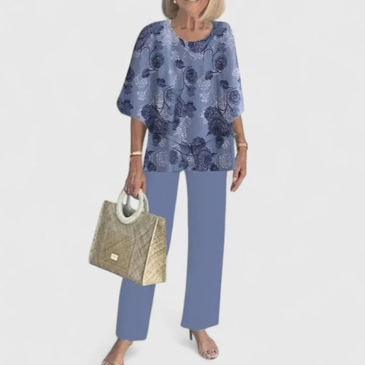 Blue Sophisticated Two-Piece Set - Floral Pattern