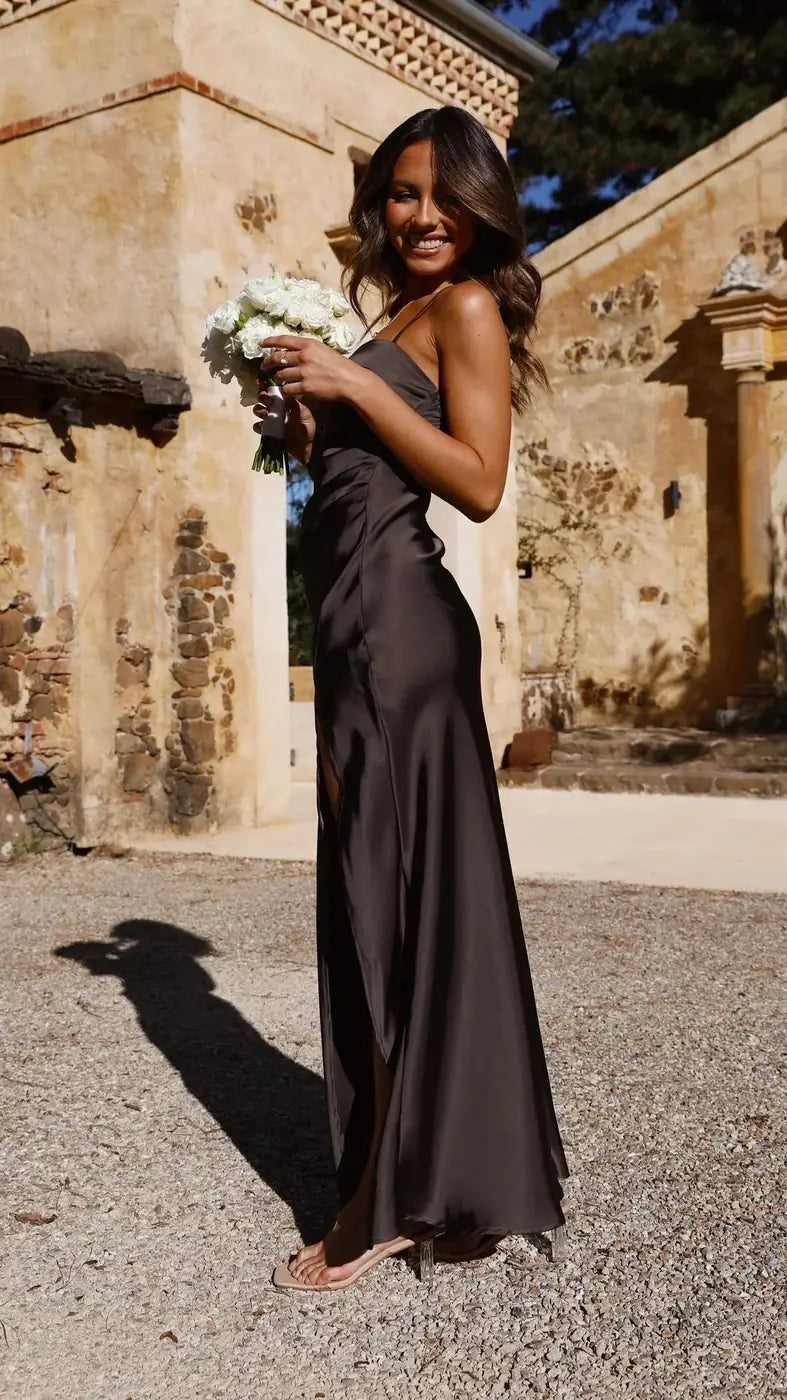 Espresso Women's Spaghetti Strap Slit Maxi Dress — Celia Straight Neckline Formal - Side Pose