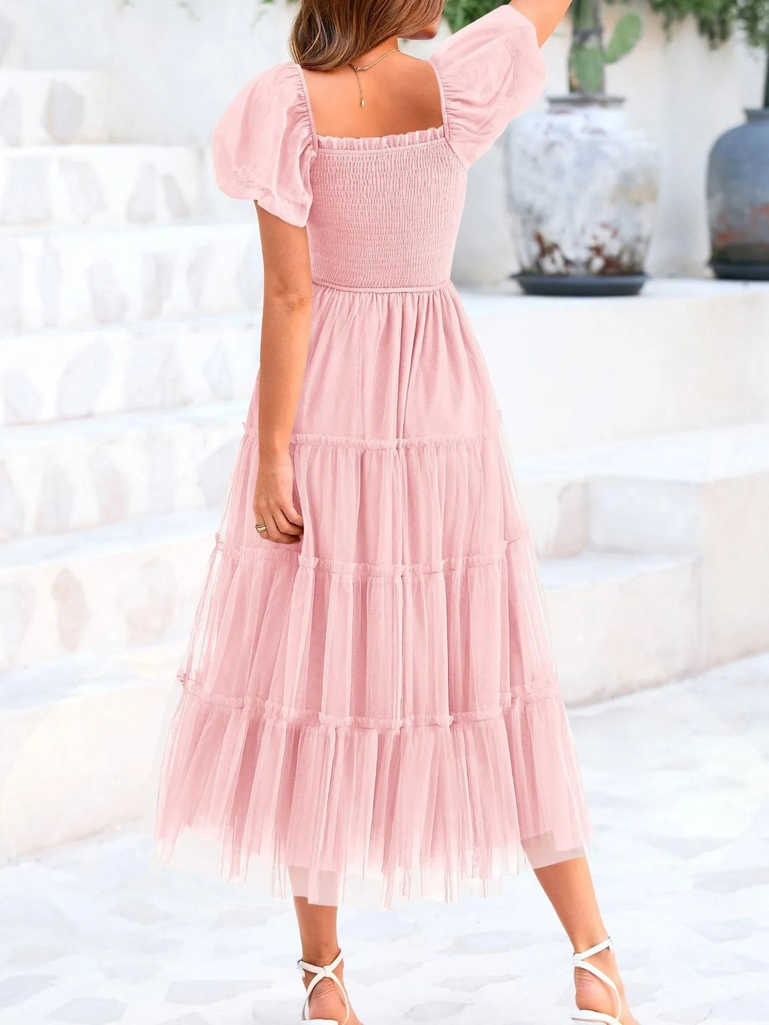 Nora | Square Neck Puff Sleeve Tiered Pink Midi Dress