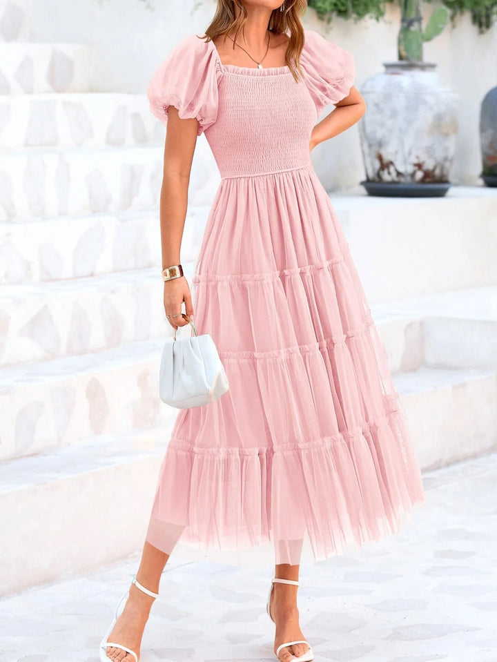 Nora | Square Neck Puff Sleeve Tiered Pink Midi Dress