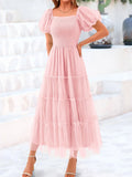 Nora | Square Neck Puff Sleeve Tiered Pink Midi Dress