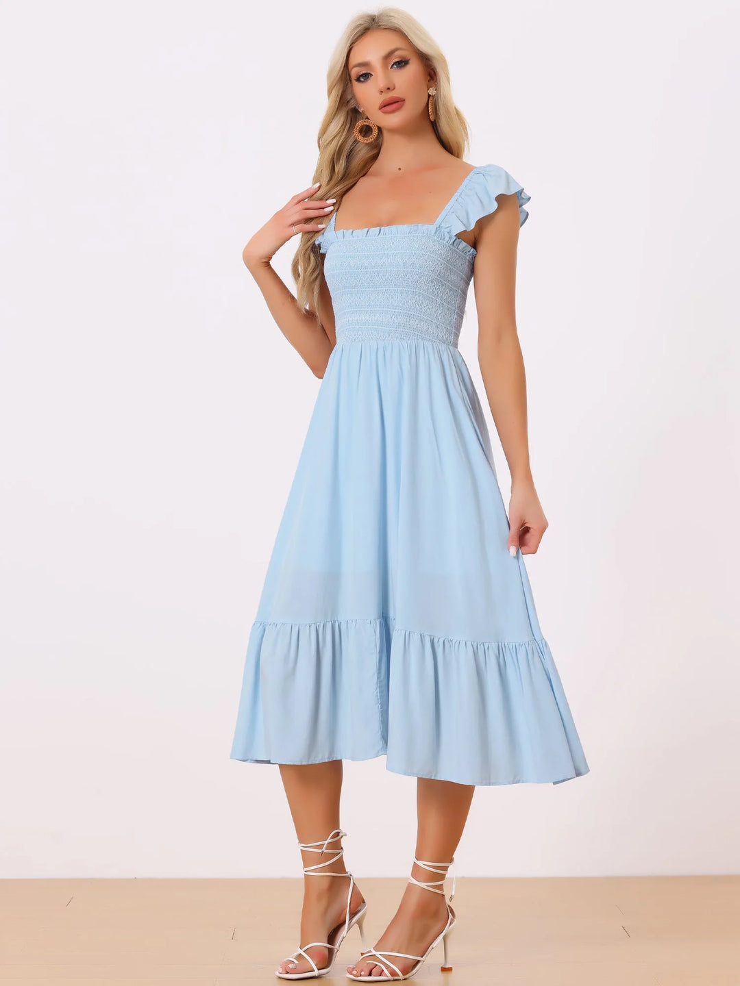 Ophelia | Square Neck Ruffle Tiered Pink Midi Dress
