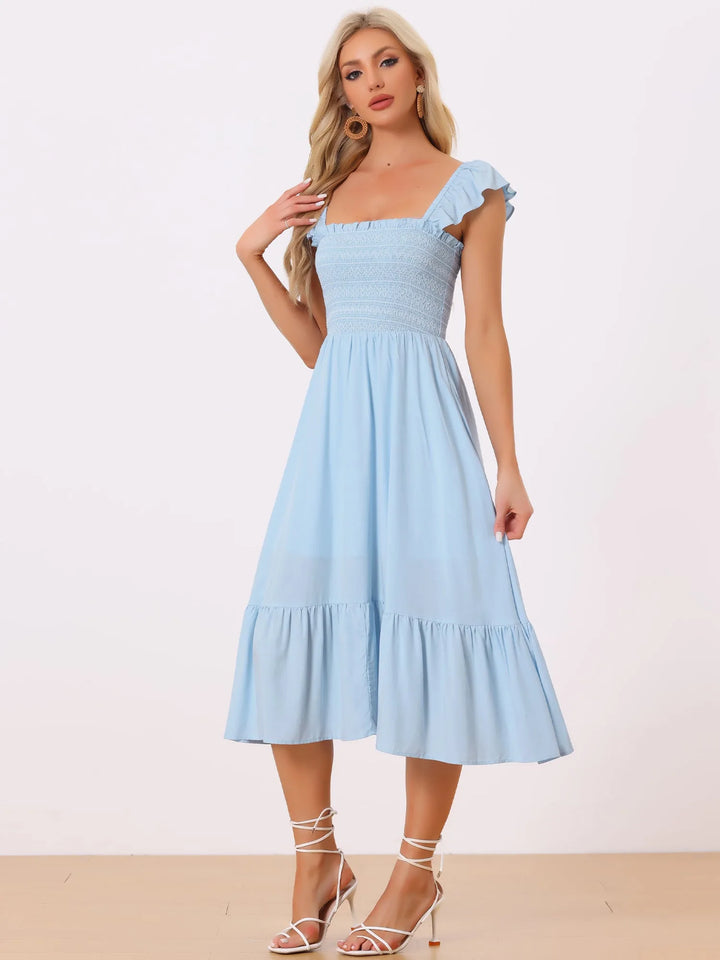 Ophelia | Square Neck Ruffle Tiered Pink Midi Dress