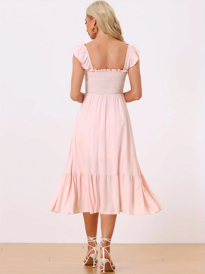 Ophelia | Square Neck Ruffle Tiered Pink Midi Dress