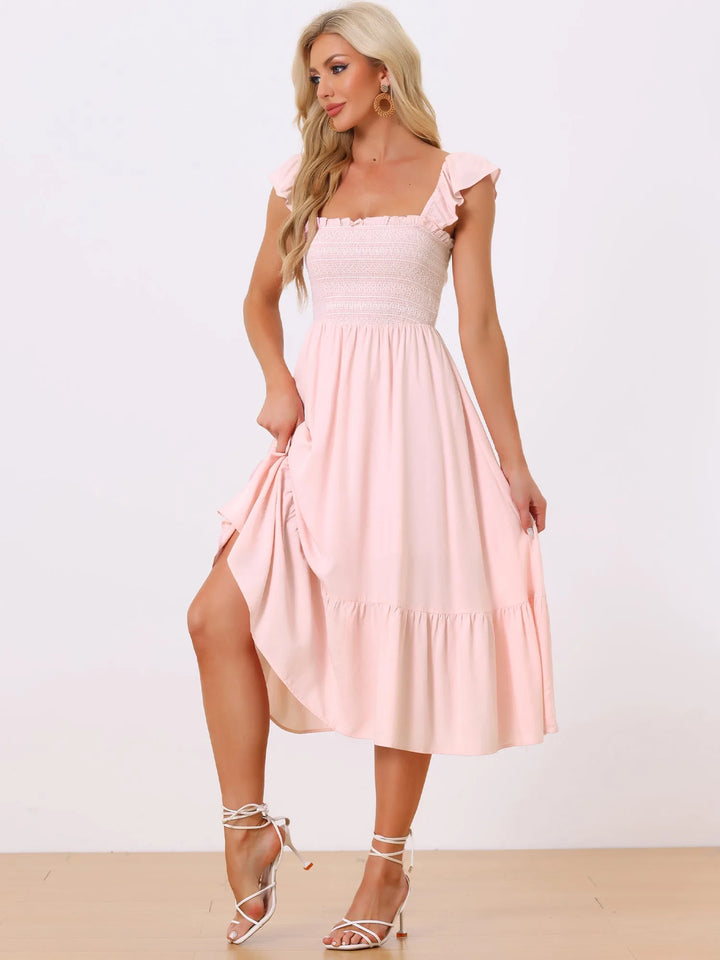 Ophelia | Square Neck Ruffle Tiered Pink Midi Dress