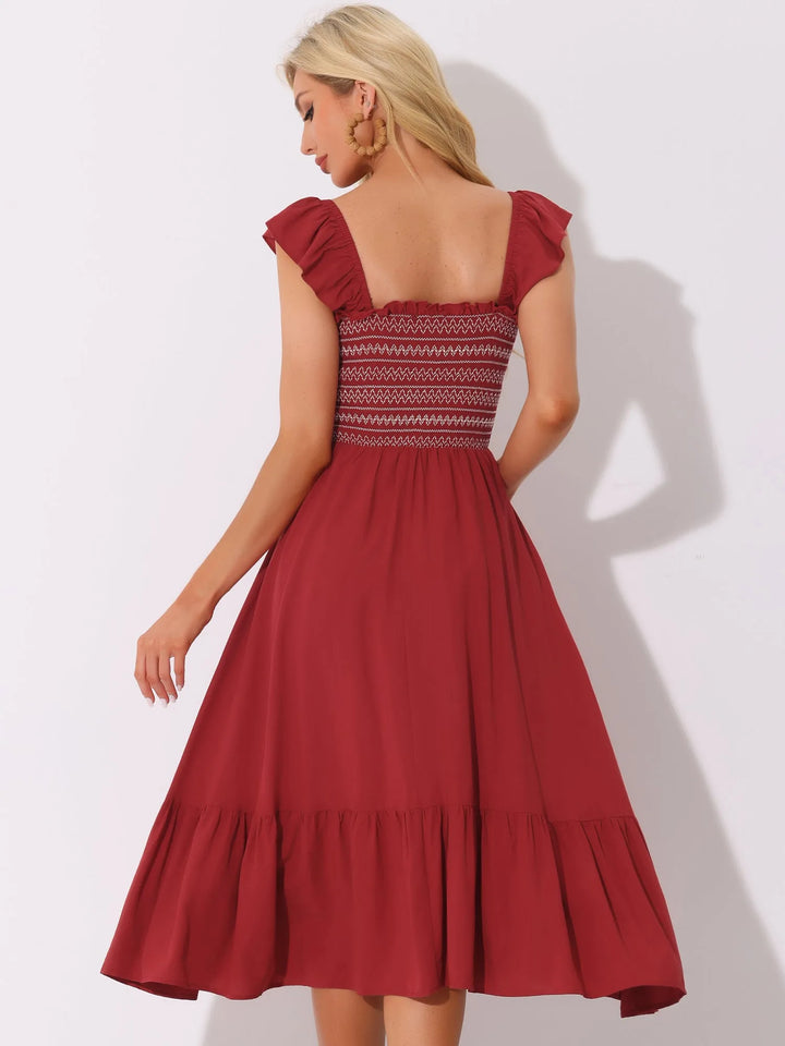 Ophelia | Square Neck Ruffle Tiered Pink Midi Dress