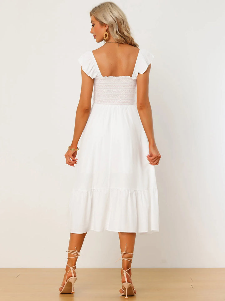 Ophelia | Square Neck Ruffle Tiered Pink Midi Dress