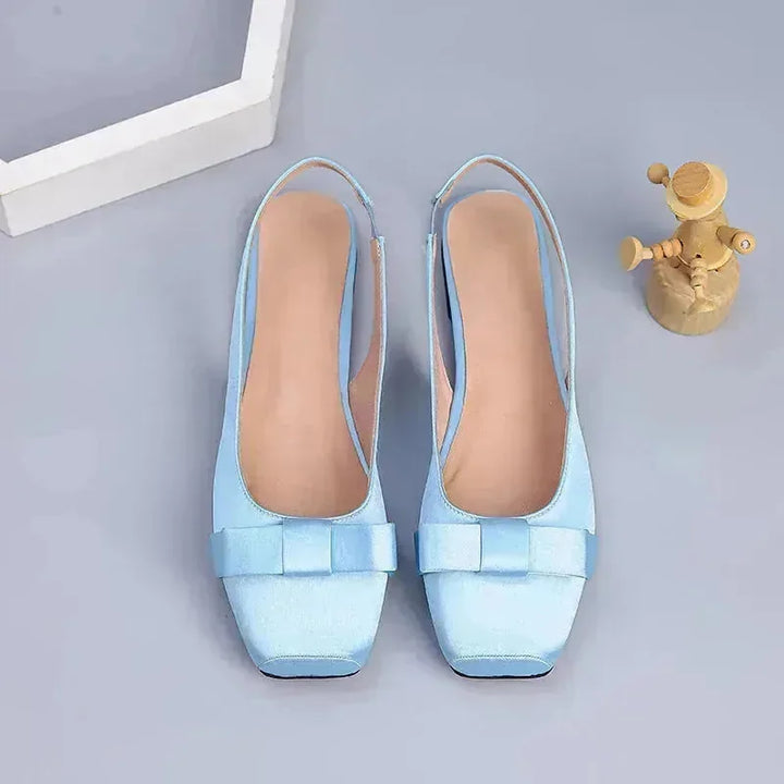 Light Blue Women's Square Toe Slingback Flats — Eva Bow Detail Ballet Style - Front Paired