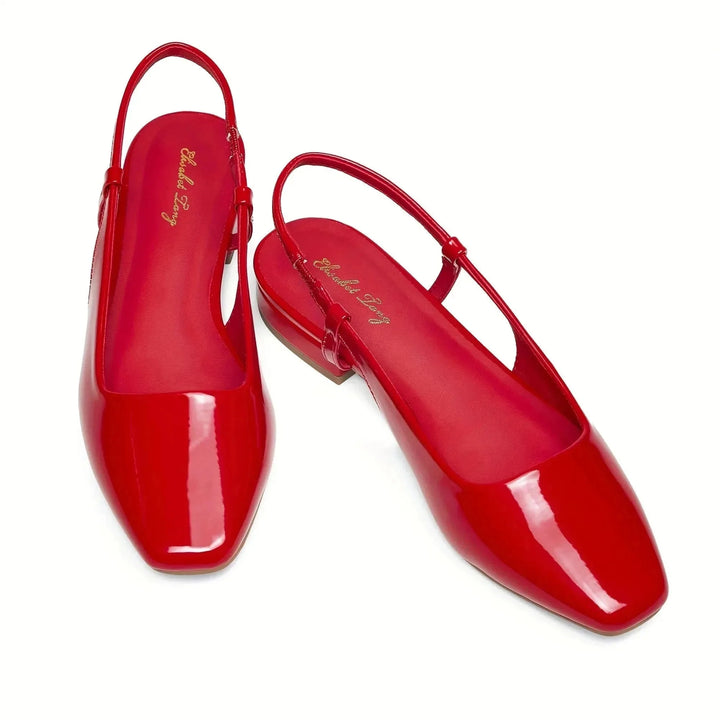 Red Women's Square Toe Slingback Flats — Zora Patent Leather Low Block - Flat Lay