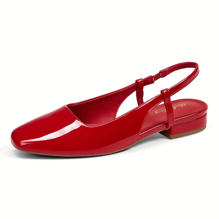 Red Women's Square Toe Slingback Flats — Zora Patent Leather Low Block - Worn Lifestyle