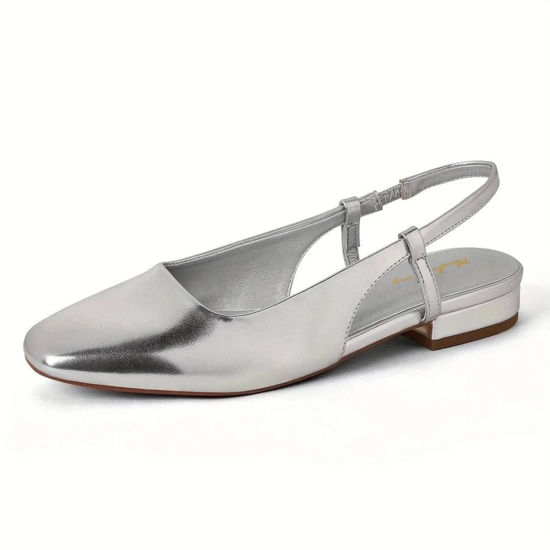 Silver Women's Square Toe Slingback Flats — Zora Patent Leather Low Block - Back Detail