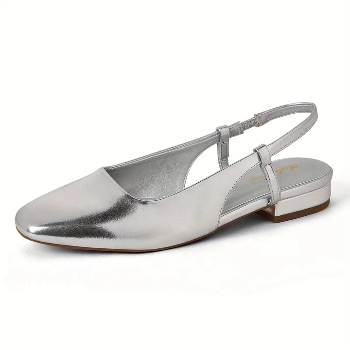 Silver Women's Square Toe Slingback Flats — Zora Patent Leather Low Block - Back Detail