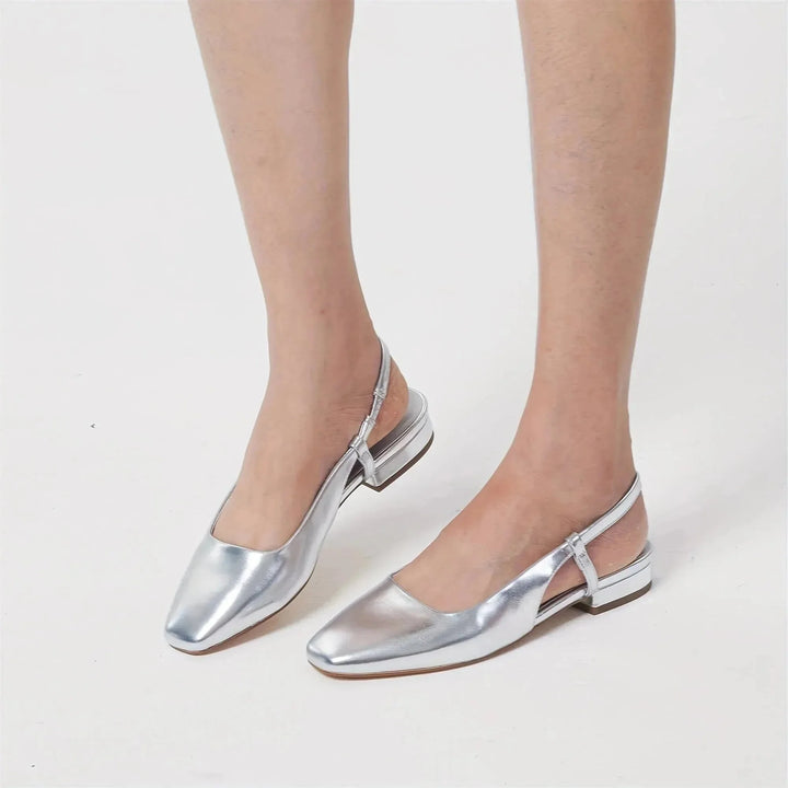Silver Women's Square Toe Slingback Flats — Zora Patent Leather Low Block - Front Angle