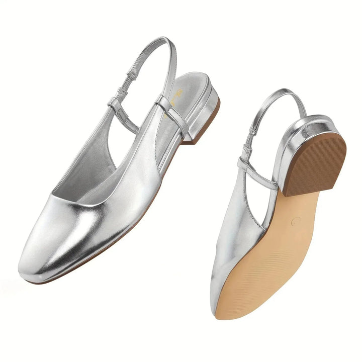 Silver Women's Square Toe Slingback Flats — Zora Patent Leather Low Block - Side Pose