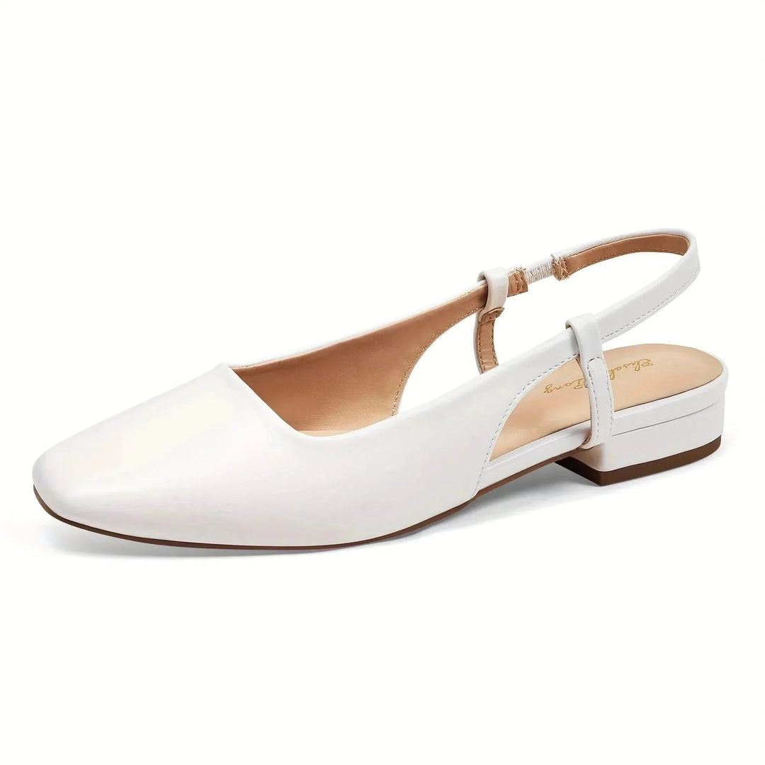 White Women's Square Toe Slingback Flats — Zora Patent Leather Low Block - Close Up Detail