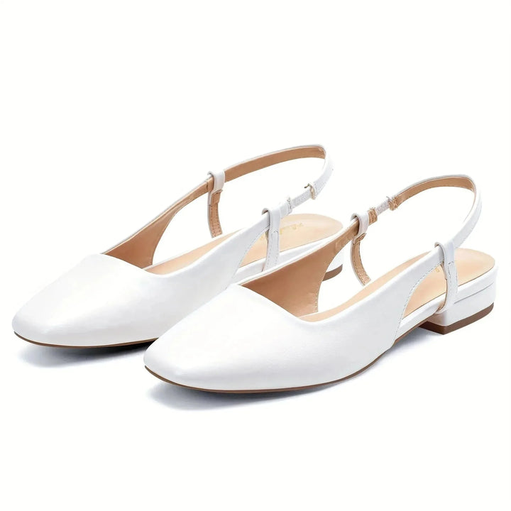 White Women's Square Toe Slingback Flats — Zora Patent Leather Low Block - Studio