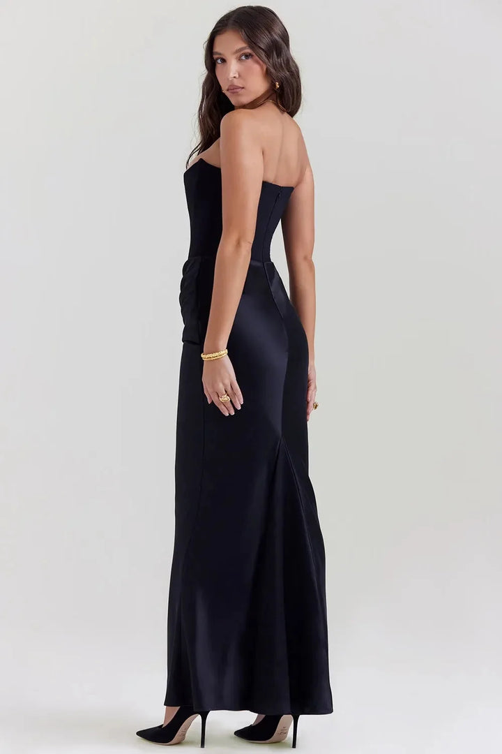 Black Women's Black Strapless Maxi Dress — Sadie Draped Bodycon Elegant - Back Detail