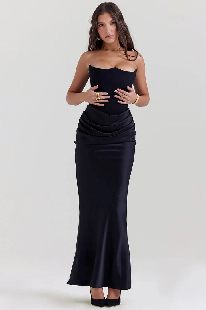 Black Women's Black Strapless Maxi Dress — Sadie Draped Bodycon Elegant - Front Pose
