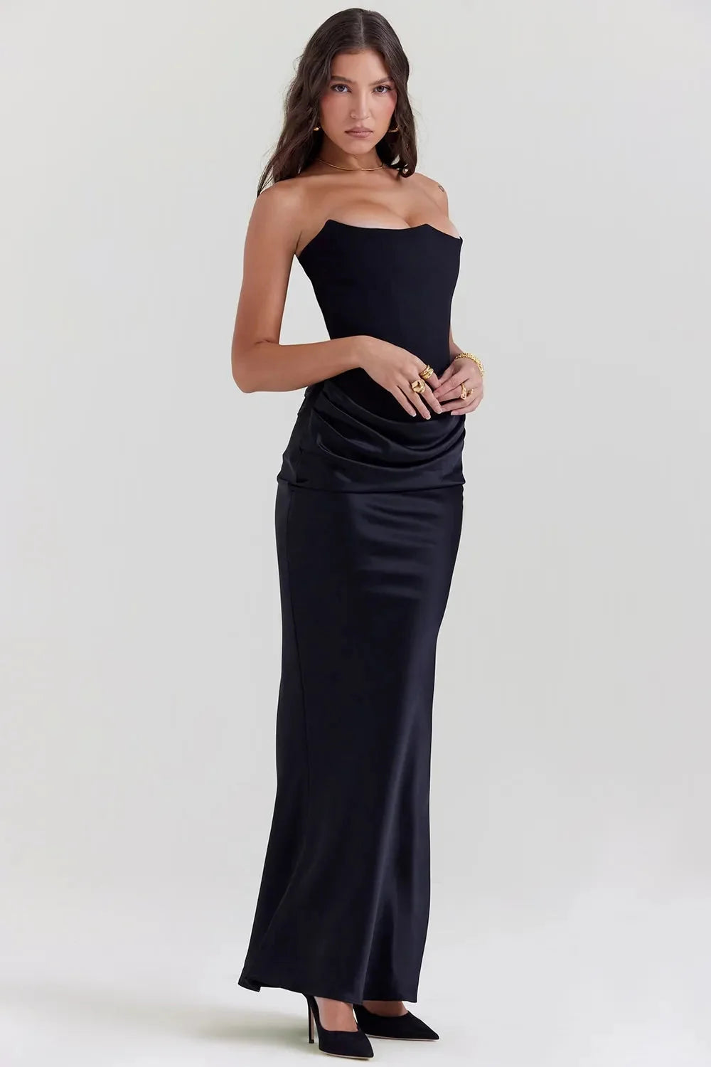 Black Women's Black Strapless Maxi Dress — Sadie Draped Bodycon Elegant - Studio Full
