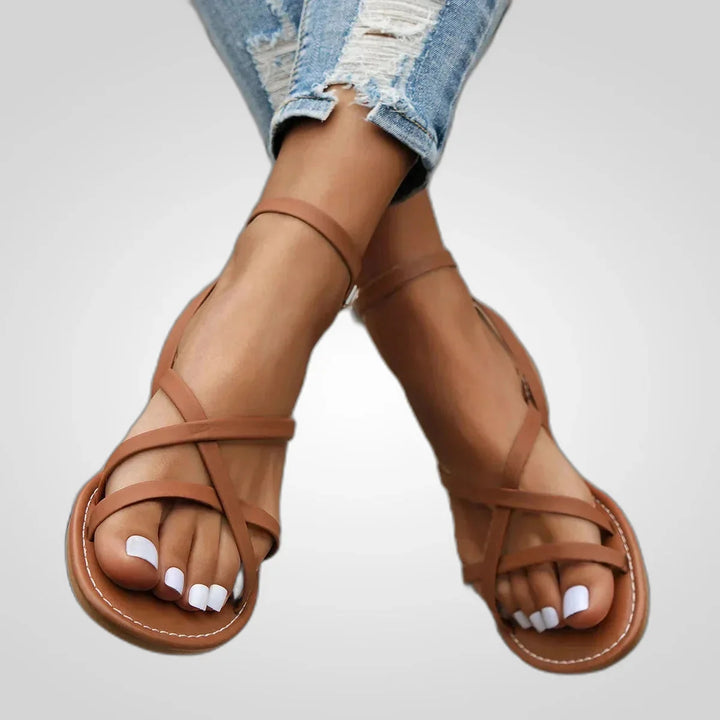 Brown Women's Strappy Sandals With Ankle Wrap — Tia Crossover Flat - Front Full
