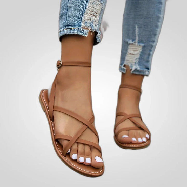 Brown Women's Strappy Sandals With Ankle Wrap — Tia Crossover Flat - Studio White