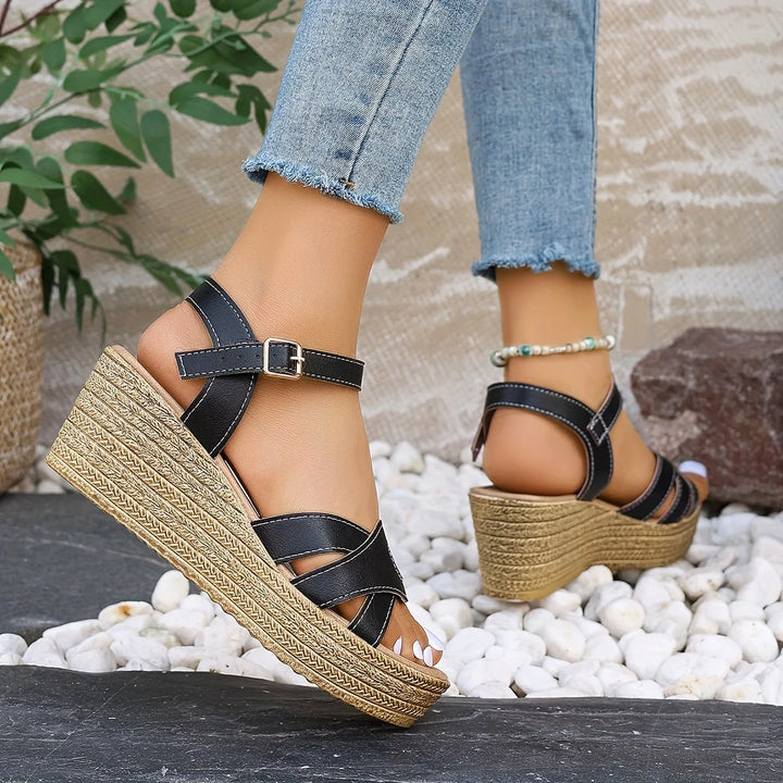 Clara | Strappy Wedge Sandals with Woven Platform