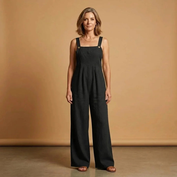 Black Women's Strappy Wide Leg Linen Jumpsuit — Joanna Adjustable Pockets - Elegant Pose