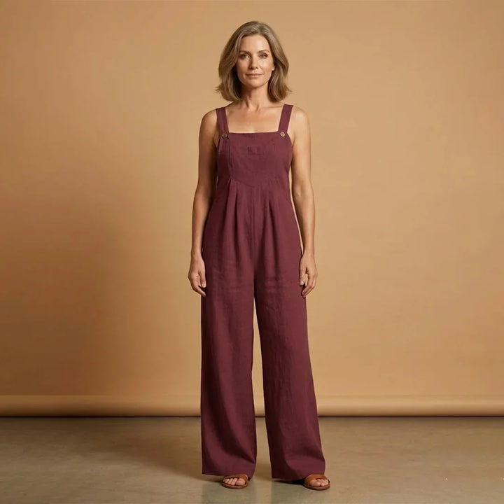 Burgundy Women's Strappy Wide Leg Linen Jumpsuit — Joanna Adjustable Pockets - Studio Portrait