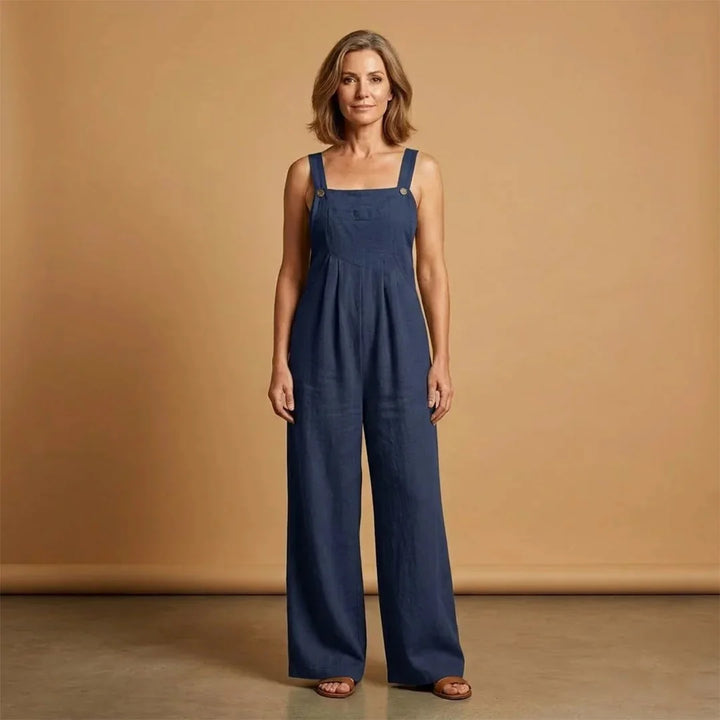 Dark Blue Women's Strappy Wide Leg Linen Jumpsuit — Joanna Adjustable Pockets - Front Portrait