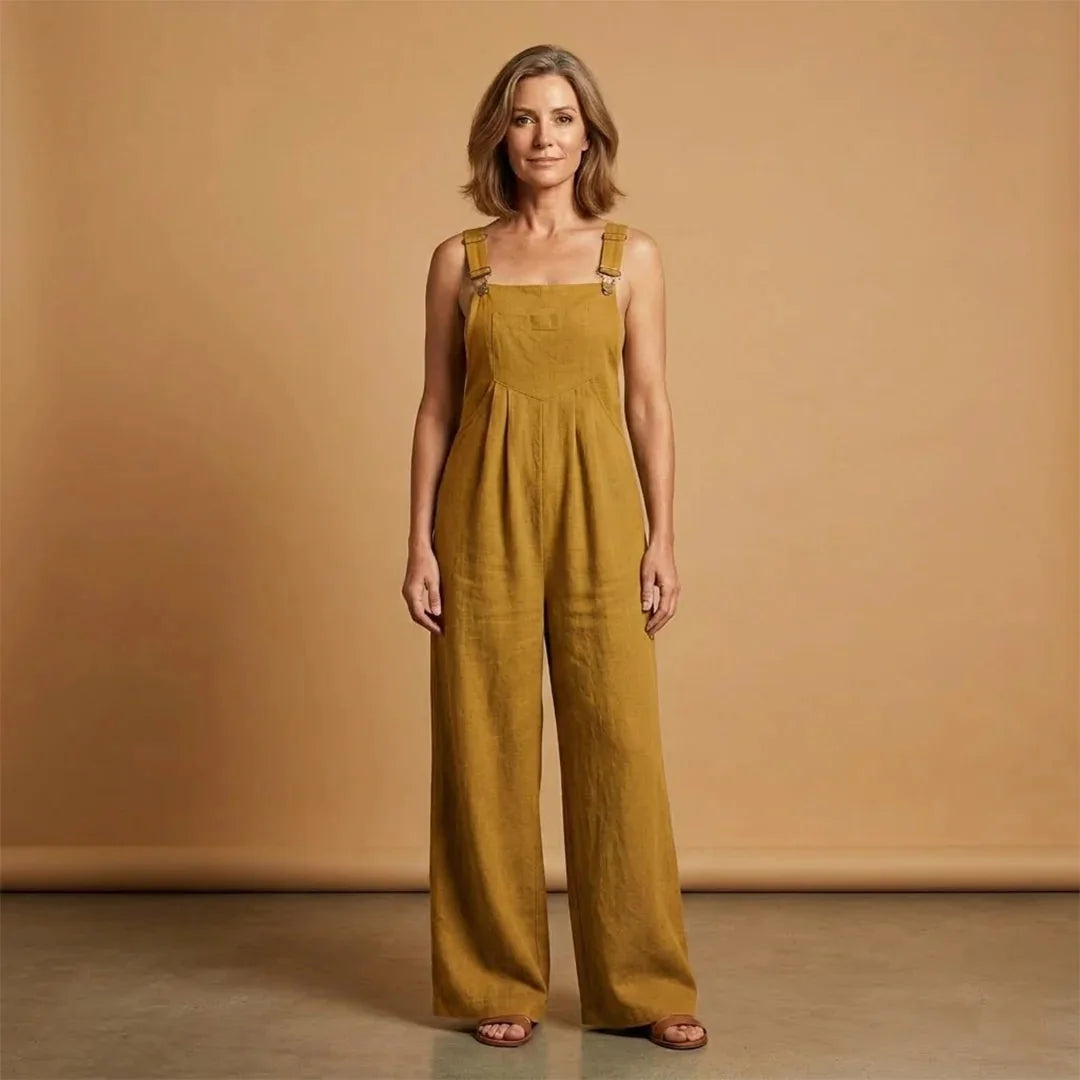 Dark Women's Strappy Wide Leg Linen Jumpsuit — Joanna Adjustable Pockets - Khaki Relaxed Stance