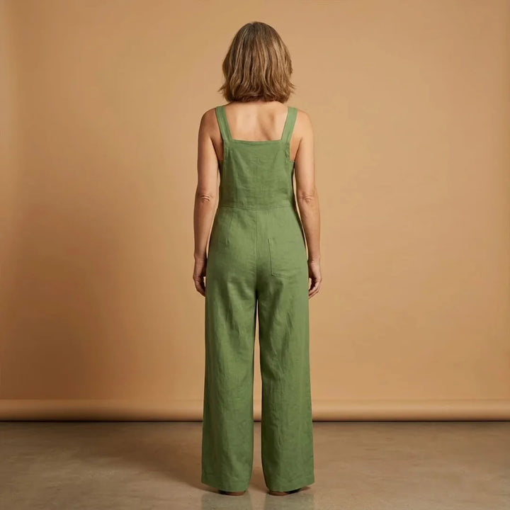 Grass Women's Strappy Wide Leg Linen Jumpsuit — Joanna Adjustable Pockets - Green Back View