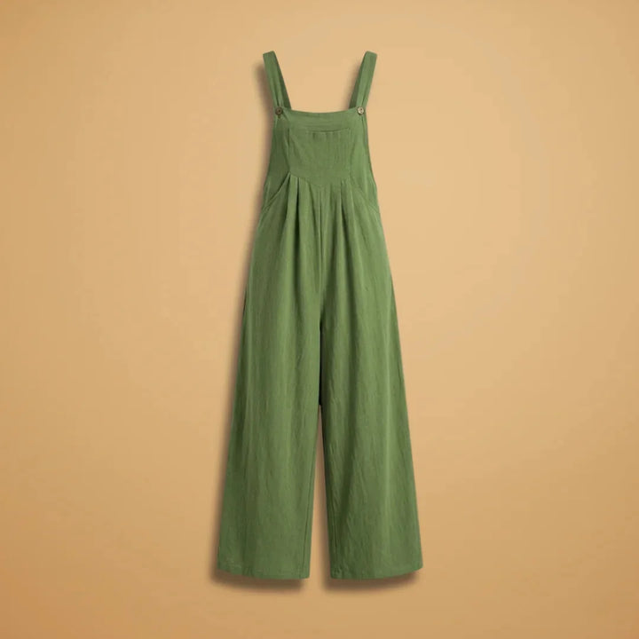Grass Women's Strappy Wide Leg Linen Jumpsuit — Joanna Adjustable Pockets - Green Flat Lay