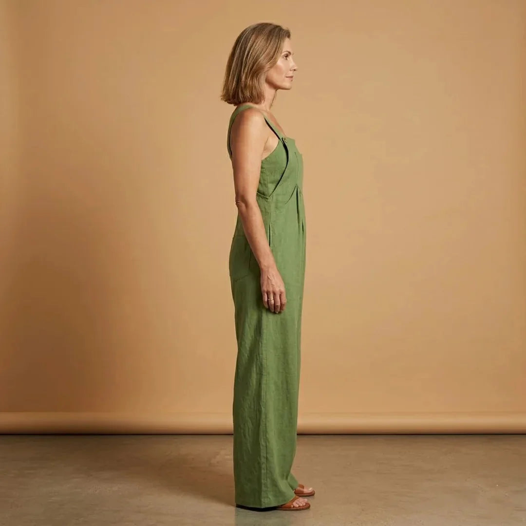 Grass Women's Strappy Wide Leg Linen Jumpsuit — Joanna Adjustable Pockets - Green Side Profile