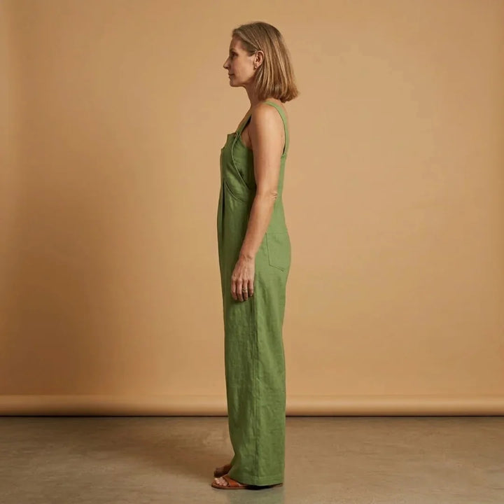 Grass Women's Strappy Wide Leg Linen Jumpsuit — Joanna Adjustable Pockets - Green Three Quarter View