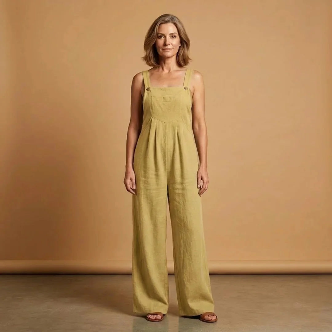 Light Women's Strappy Wide Leg Linen Jumpsuit — Joanna Adjustable Pockets - Yellow Warm Lighting