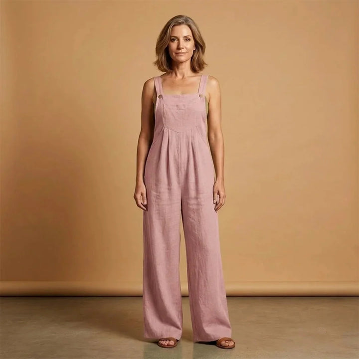 Pink Women's Strappy Wide Leg Linen Jumpsuit — Joanna Adjustable Pockets - Front Pose