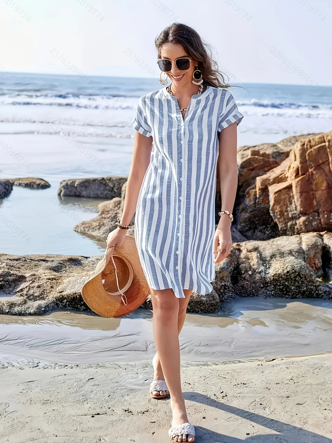 Lucy | Striped Short Sleeve V-Neck Shirt Dress