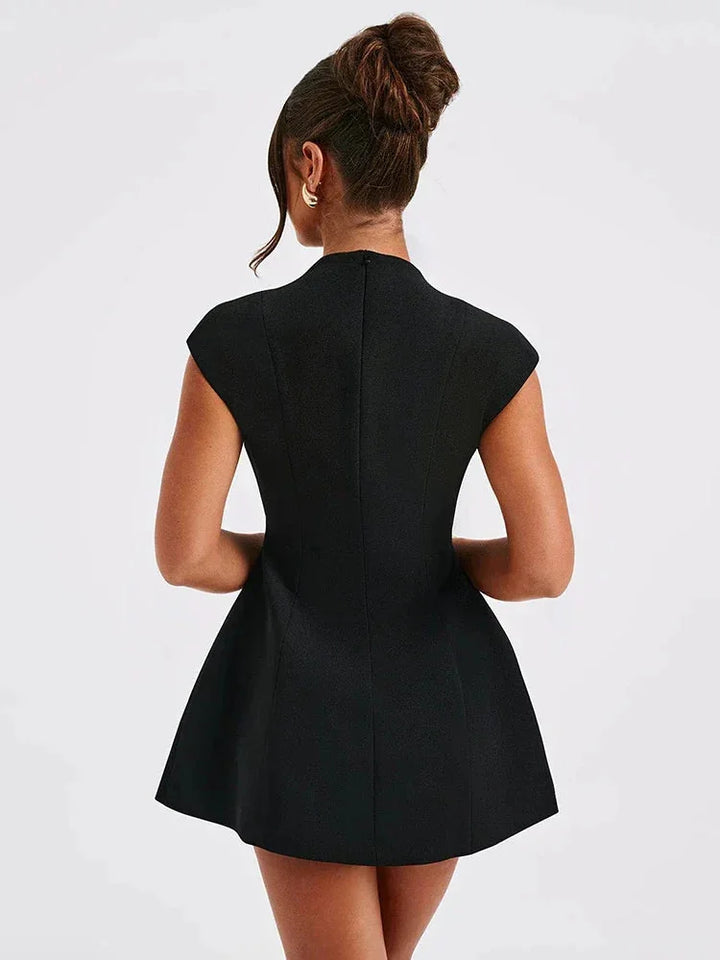 Black Women's Black Mini Dress — Zelda Deep Plunge Structured - Back Detail