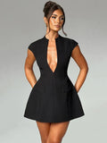 Women's Black Mini Dress — Zelda Deep Plunge Structured