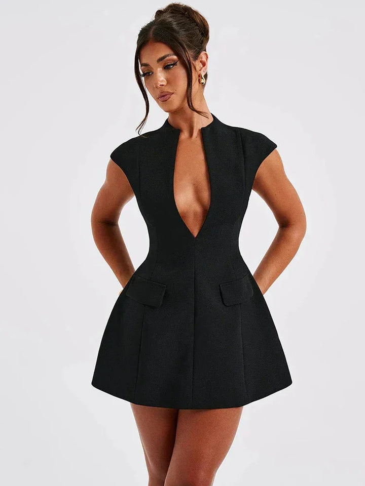 Black Women's Black Mini Dress — Zelda Deep Plunge Structured - Front Pose