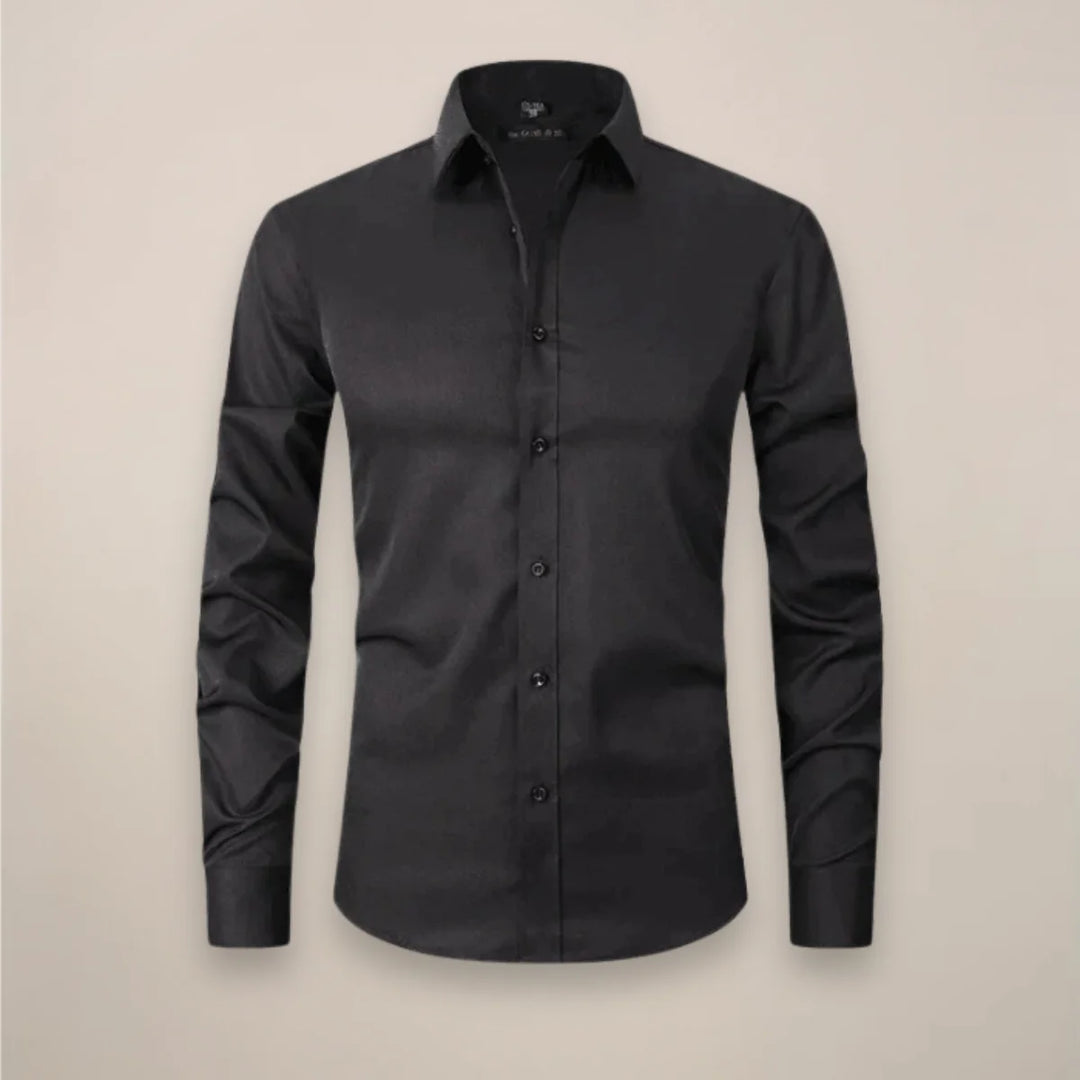 Black Classic Long-Sleeved Shirt with Structured Fit - Flat Lay Dark