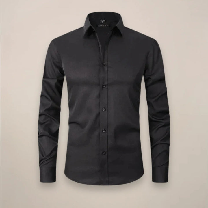 Black Classic Long-Sleeved Shirt with Structured Fit - Flat Lay Dark