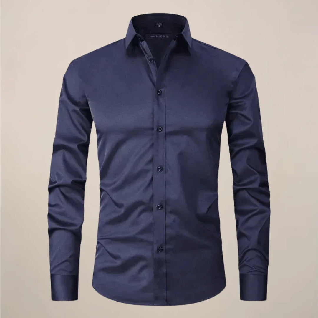 Navy Blue Classic Long-Sleeved Shirt with Structured Fit - Flat Lay