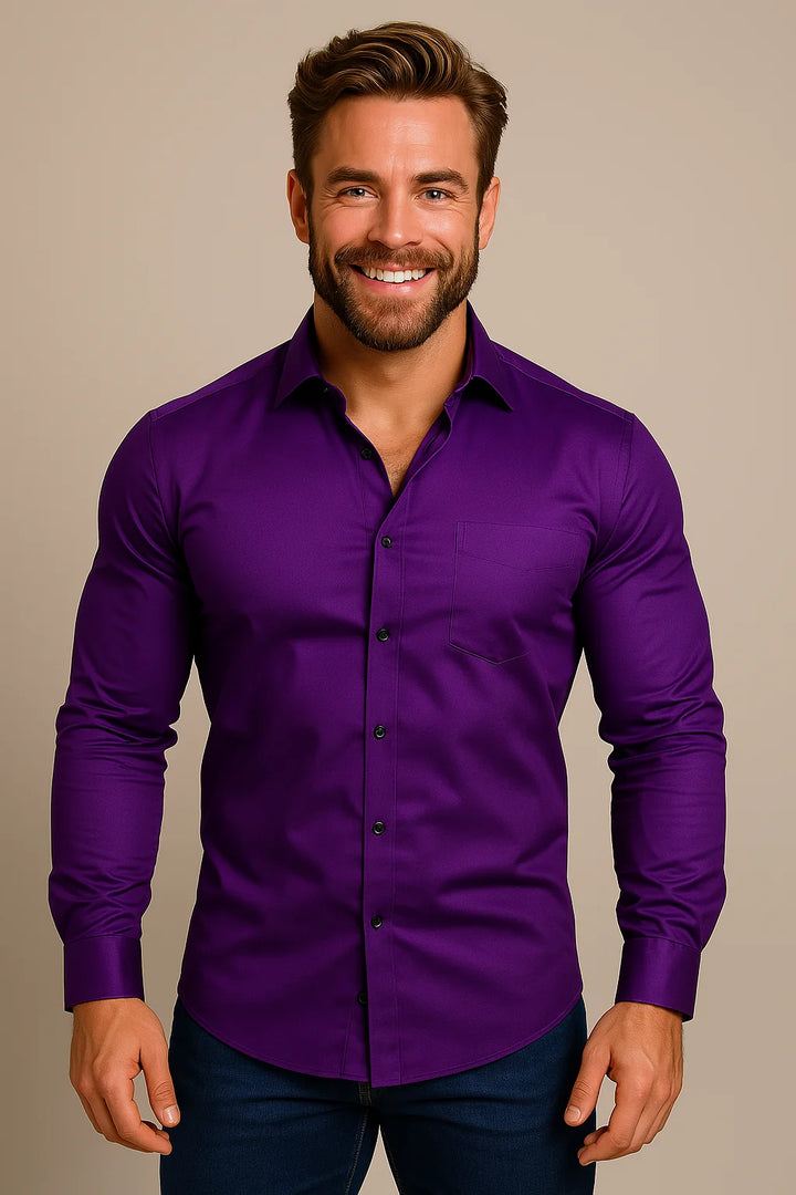 Purple Classic Long-Sleeved Shirt with Structured Fit - Model Smiling