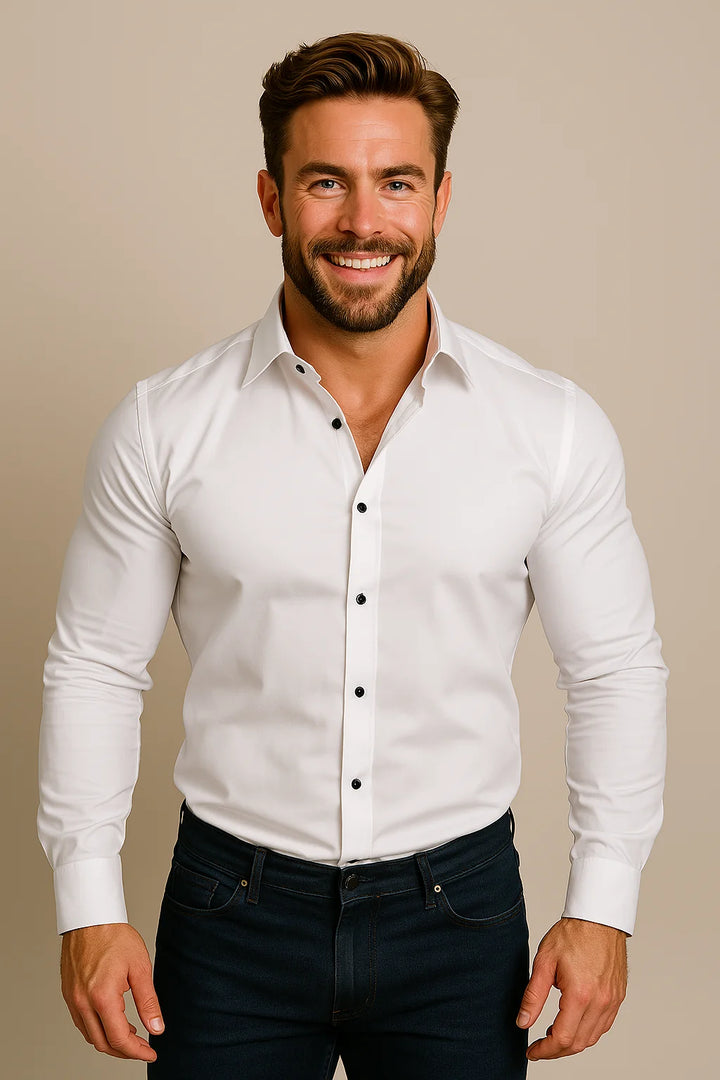 White Classic Long-Sleeved Shirt with Structured Fit - Model Pose